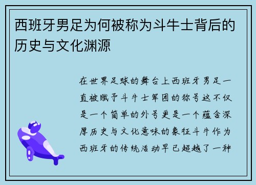 西班牙男足为何被称为斗牛士背后的历史与文化渊源