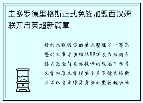 圭多罗德里格斯正式免签加盟西汉姆联开启英超新篇章
