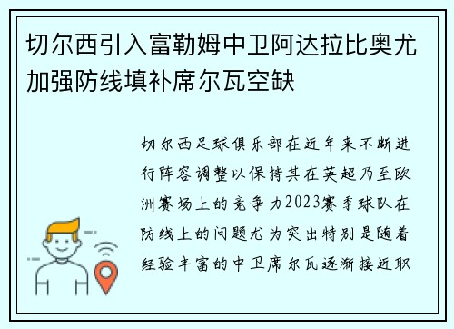 切尔西引入富勒姆中卫阿达拉比奥尤加强防线填补席尔瓦空缺